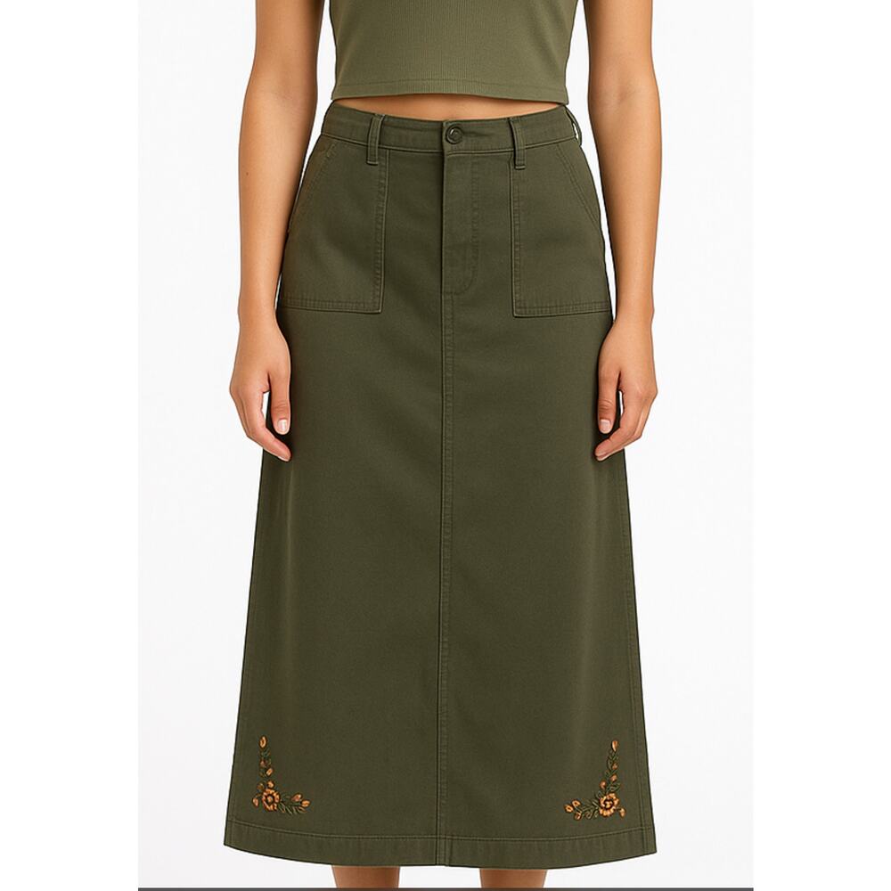 90s Olive Green Maxi Skirt with Embroidered Hem